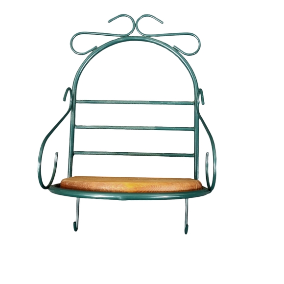 Pair of Metal Wall Hanging Shelves Green Metal Wood Base Hooks On Bottom 12x7x6 - Picture 3 of 7